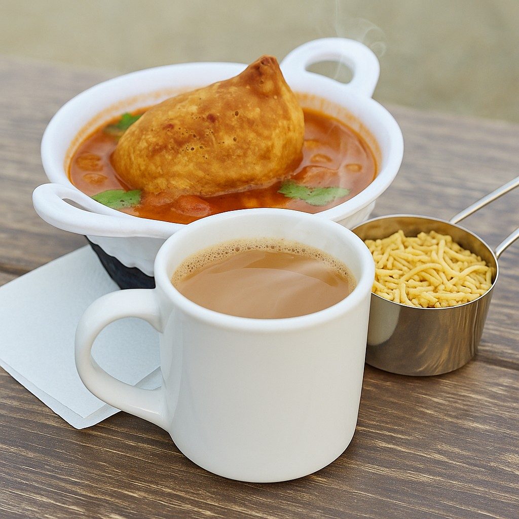 Samosa Chaat + Hot Chai.